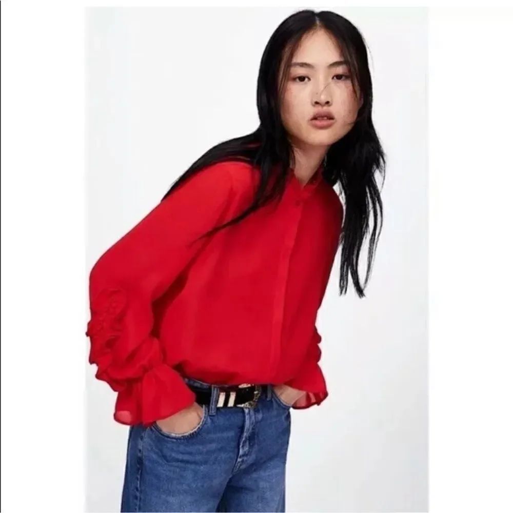 Zara XS Red Mock Ruffle Neck & Ruffle Sleeve Details Long Sleeve Blouse
